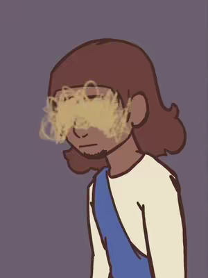 A cartoon-style illustration of a person with brown skin, short brown hair, and a white long-sleeved shirt. The person is looking down, and their eyes are obscured by a golden brushstroke. A blue sash is across their chest, set against a muted purple background.