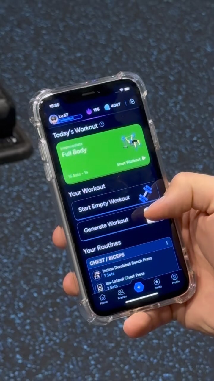 A hand holding a phone displaying a fitness app interface. The phone is in a protective clear case. The app interface shows the "Today's Workout" section with a green card for "Full Body" and a button to start the workout. Below, it shows options for starting or generating a workout, and further down, it displays "Your Routines" including "CHEST / BICEPS" exercises. The background is a blurred pattern, possibly of a gym floor. The upper part of the screen displays the time, battery and other information.