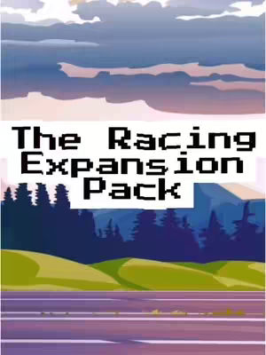 The cover image features a stylized landscape with a racing theme. At the top is a sky with fluffy clouds. Below the sky, there is a text overlay that reads "The Racing Pack" in a bold, pixelated font. Below that, an abstracted landscape of rolling green hills and a road or track. The overall aesthetic is reminiscent of a retro video game.