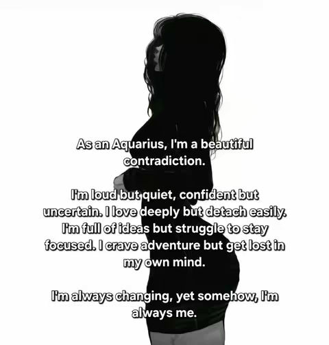 A silhouette of a person, likely female, is centered. The figure is solid black against a white background. The person is seen from the side, with dark hair. Text is overlaid, describing the characteristics of an Aquarius. The overall composition is simple, with a monochromatic color scheme.