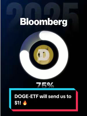 A vertical cover image with a dark, gradient background. Centered is a Dogecoin logo within a gold circle. Above, the text 'Bloomberg' appears in white. Below, a red and black bar contains the text 'DOGE-ETF will send us to $1!' with a flame emoji.