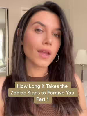 A woman with dark hair and hoop earrings is the main subject. The text box on the bottom of the screen says, "How Long it Takes the Zodiac Signs to Forgive You Part 1". The background is a neutral beige color.