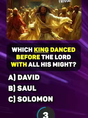 The image is composed of a purple background with question and answer elements. In the upper portion of the image, there is a visually appealing image showing a figure of Jesus and other people. Below that, the question is written with bold yellow text on top of an opaque black box, with the possible answers organized below it. A small countdown timer is in the bottom.