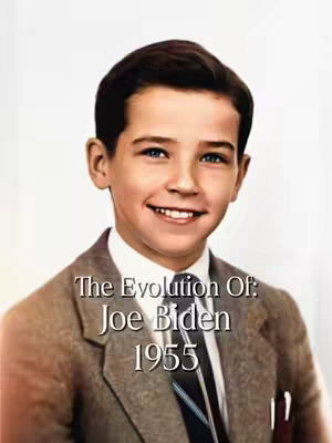 A vintage-style cover image features a young Joe Biden in a suit. He is smiling, with text overlaid indicating the series' theme: 'The Evolution Of: Joe Biden 1955'. The background is a plain, muted color that allows the subject and text to stand out.