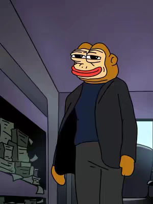An animated character resembling the Pepe meme but with a monkey head is wearing a black suit over a dark blue shirt and gray pants, standing in front of a shelf with stacks of money.