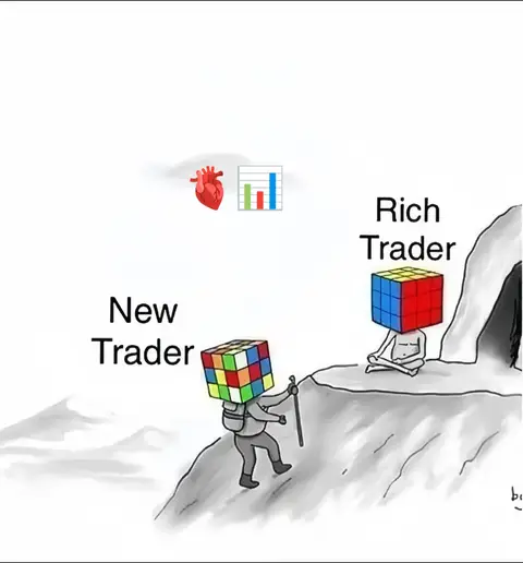 An illustrated image depicts a 'New Trader' character struggling to climb a mountain, represented by a stick figure with a Rubik's Cube for a head and a backpack. In the distance, a 'Rich Trader' character sits serenely inside a cave with a Rubik's Cube head, too. A heart and a bar graph float in the sky, symbolizing risk and potential gains of trading.