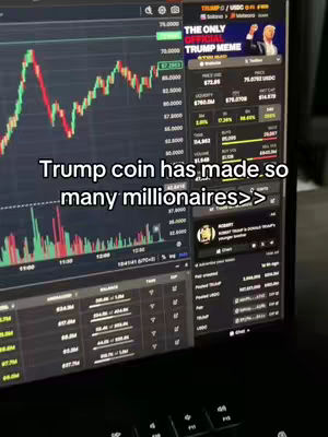 A computer screen displaying a stock price chart with red and green lines fluctuating. Text overlayed at the bottom reads 'Trump coin has made so many millionaires>>'. The screen shows various financial data and a logo related to 'Trump Meme'.