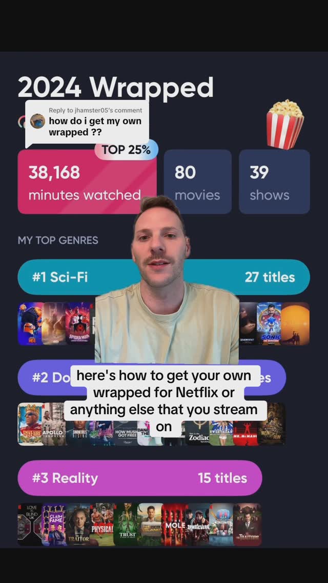A shot showing a person in the center with a graphic of their "2024 Wrapped" results. The person is male and wearing a t-shirt. The user has a "2024 Wrapped" info graphic that includes their number of movies, shows, minutes watched, and top genres. A popcorn graphic is in the corner.