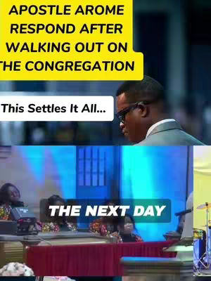 The cover image is a split-screen composition. The top portion features a man of color, Apostle Arome, wearing glasses and a suit jacket, looking downwards in a serious manner. A yellow box sits behind the text overlay, which reads, "APOSTLE AROME RESPONDS AFTER WALKING OUT ON THE CONGREGATION." Beneath this is another text box saying, "This settles it all..." The bottom provides a blurred view of a church setting with people.