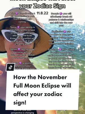 A selfie-style shot of a woman wearing sunglasses and hat, set outside with water in the background; text overlays list astrological predictions.