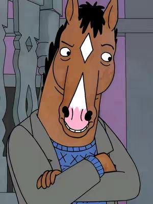 The image shows a character from the animated show BoJack Horseman, a horse-like humanoid, with a smug expression. He is wearing a grey blazer over a blue sweater, with his arms crossed. The background is a blurred purple.
