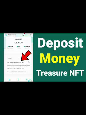 The cover photo features a split screen. On the left, it shows a phone screen displaying a cryptocurrency wallet interface with around $1206.08 balance. There is a red arrow pointing to a clickable button with the address visible on the left. The right side of the cover photo displays the text: Deposit Money, Treasure NFT, with a dark green background. The text is in white and yellow. The layout is vertical, optimized for mobile viewing.