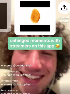 A close-up shot shows a young man with curly brown hair, smiling widely. Above his head, a white background features a dark shape, a fried chicken nugget, and two black bars. A green banner across the forehead reads, 'unhinged moments with streamers on this app' The background is blurred, focusing attention on the man. The overall composition uses a bright, casual style.