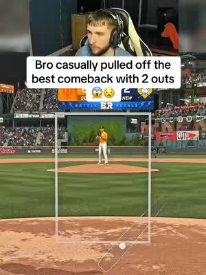 The video shows a split-screen view. The top half shows a man facing the camera, wearing headphones, set against a room background with a gaming setup. On the bottom half is a baseball game scene.