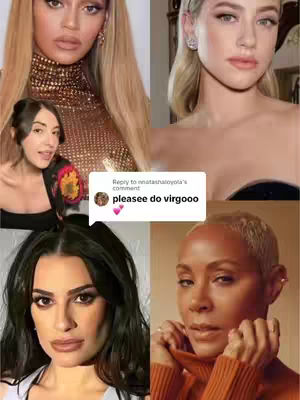 A collage featuring the faces of four women, each in a different quadrant of the image. The women have varying skin tones, hairstyles and facial expressions. A small white speech bubble overlay states, 'please do virgoo', with a heart graphic at the bottom.