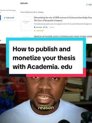 A man of African descent is speaking into the camera. He appears to be in front of a cluttered background, possibly bookshelves or a desk area. Overlayed on top of his image is a rectangular graphic with the words "How to publish and monetize your thesis with Academia.edu". Below him, a smaller rectangular graphic, on a different color, shows the text "reason". The overall image has a bright, slightly overexposed quality.