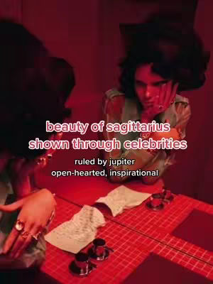 The image shows a person in a red-tinted room, likely a mirror image since both a person and their reflection are visible. The main subjects wear vintage-looking outfits; the person on the right places their hand near their face. Text overlays indicate themes related to Sagittarius, celebrities, Jupiter, and inspirational qualities. The setup includes a table with objects like teacups and papers. The background is dimly lit, and the overall aesthetic is warm and evocative.
