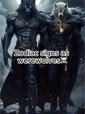 Two muscular werewolf figures stand side-by-side against a blurred, atmospheric backdrop. The werewolf on the left has dark fur and darker skin, while the one on the right has light fur, with both characters having glowing white eyes. Both figures wear elaborate golden necklaces and armor accents. Text overlaid on the image reads 'Zodiac signs as werewolves' with a tiny skull icon.
