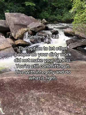 The cover image shows a river flowing through a forest with a message overlaid against the natural backdrop. The water cascades over rocks, and the text is formatted to deliver a message related to integrity and biblical verses.