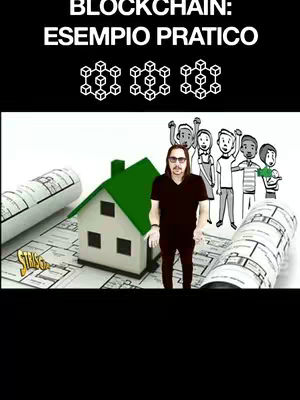 The cover image shows a man standing in front of a sketched house with a green roof, with a group of sketched people to the right; blueprints and architectural drawings surround him. The top left has the text 'BLOCKCHAIN: ESEMPIO PRATICO' in bold, white font, with blockchain symbols above it in black.