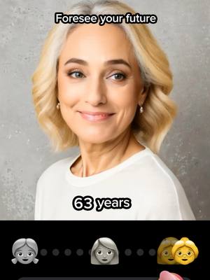 The image shows a woman with blonde hair, smiling at the viewer. Text overlays read 'Foresee your future' and '63 years'. Below, an emoji style interface reveals a progression. The background is a medium gray, and the overall composition evokes a futuristic theme.