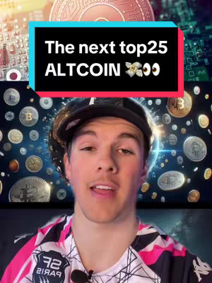 A young man with light skin and short brown hair is the central figure in the image. He wears a black baseball cap and a colorful shirt. Behind him is a background filled with sparkling Bitcoin and other digital coins. Above his head, a blue and pink rectangular banner states, "The next top25 ALTCOIN 👀". The overall composition suggests a cryptocurrency-related theme, with a focus on digital currency information.