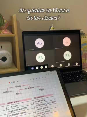 The cover image shows a workspace setup with a laptop displaying a video call, a tablet showing handwritten notes. The laptop screen displays video call windows of different people. The tablet on a desk surface has notes on a biology topic.