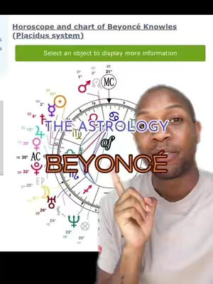A man in a light-colored shirt is pointing towards a circular astrological chart on a screen overlayed with text. Behind him is an astrological chart.