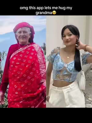 A split image showing a woman on the right, smiling. On the left, is an older woman is wearing red. Text at the the top reads, "omg this app lets me hug my grandma😊".