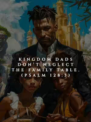 An illustrated image showcasing a man and two children. The man, with a stern expression and dark hair, stands behind the children. They appear to be at a table, with glasses visible. The background features a cloudy sky and a building that looks like a castle.
