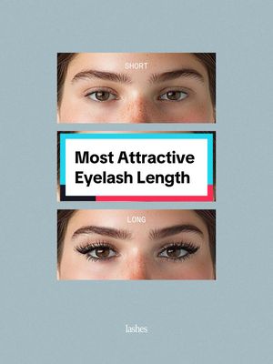 The image is a vertical composition with a light blue background. It features three sets of eyes, each in a horizontal frame, showing short, medium, and long eyelash lengths. The middle section includes a rectangle with text, set against light blue and red. The text reads 'Most Attractive Eyelash Length'. The top and bottom sections have the word 'short' and 'long'. There is some text at the bottom right corner that says 'lashes'. The overall composition suggests a comparison or tutorial.