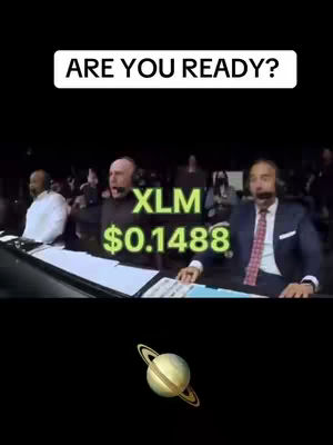 The image presents a dark, divided composition framed by a dark background, featuring three men in suits behind a desk. Text overlays read, 'ARE YOU READY?' at the top and, in the central area, 'XLM $0.1488', hinting at cryptocurrency trading. The bottom portion displays a planet with rings against the black.