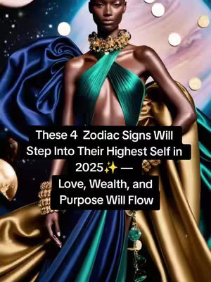 The cover image features a dark-skinned person in a stylized setting. She is wearing a green and teal gown with a gold necklace and bracelets. The background includes a celestial, space-themed art with planets and nebulas. A text overlay in a black rectangle reads 'These 4 Zodiac Signs Will Step Into Their Highest Self in 2025✨ - Love, Wealth, and Purpose Will Flow'.