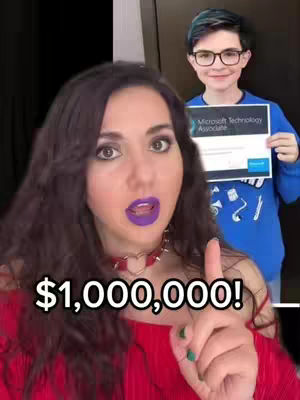 A woman with long dark hair and vivid makeup points upwards with an open-mouthed expression of surprise while a young man in a blue shirt holding a "Microsoft Technology Associate" certificate stands in the background.