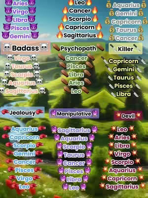 The image is a colorful graphic presenting zodiac signs, categorized within different descriptions like 'Badass,' 'Psychopath,' and 'Killer.', set over a green landscape background with various symbols and lists of zodiac signs associated with each category.