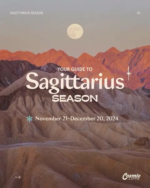 The cover image is a minimalist, landscape-style design. The background depicts a mountain range under a gradient sky transitioning from a soft orange to a pale blue at the top, suggesting either sunrise or sunset. In the center, the words "YOUR GUIDE TO Sagittarius SEASON" is displayed in large, bold text, with "Sagittarius" being in a larger font size than "SEASON". Beneath the title text is the text "November 21-December 20, 2024". In the top right corner, there is a small number "01". At the bottom right is the logo of "Cosmic Latte". The overall visual style is calm and aesthetically pleasing.