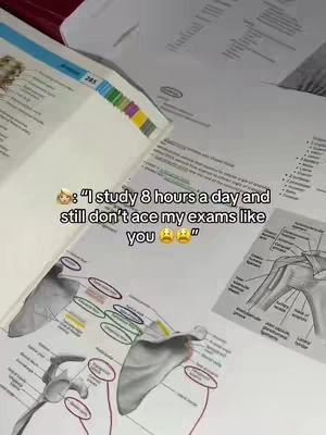The cover image shows a top-down view of a desk with open books, papers, and diagrams of anatomy. Colored tabs of a textbook are visible. Text overlayed on the image states a relatable study sentiment.