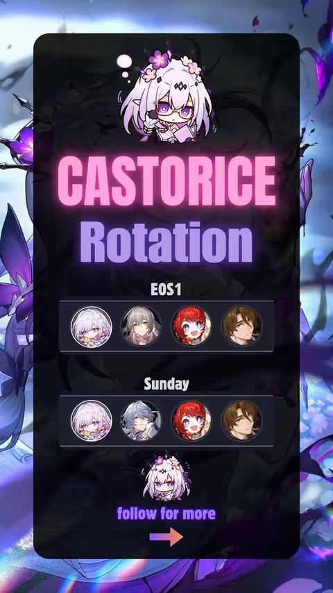 The cover image features a dark background with various UI elements typical of a mobile game or app.  At the top is a vertically oriented panel labeled 'CASTORICE' in illuminated, gradient pink and purple font.  Underneath, the word 'Rotation' is written horizontally. Below that is a section marked under the designator 'EOS1' with images of four different characters from the game. The final section is labeled 'Sunday', with a similar four-character layout. Small illustrations of character heads are positioned beneath, along with the text 'follow for more,' and a directional arrow to the right. Two additional elements are apparent in the image.  One is at the top left of the panel is a character with a flower crown looking at the viewer from behind a pair of glasses, and another on the right side, a large, semi visible character with purple accents.
