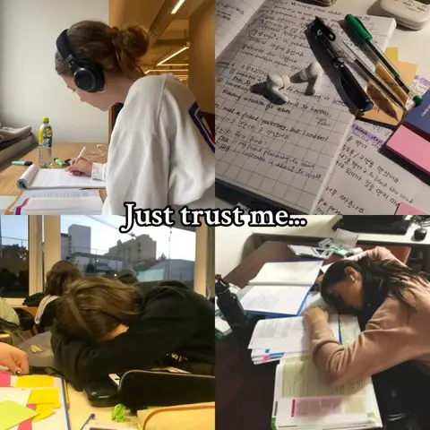 The cover image is a collage with four sections. The top left features a person with headphones studying at a desk. The top right displays a close-up of a notebook with handwritten notes and pens. The bottom left shows a person sleeping on a desk. The bottom right shows a person asleep at a desk with papers. The hook "Just trust me..." is overlaid.