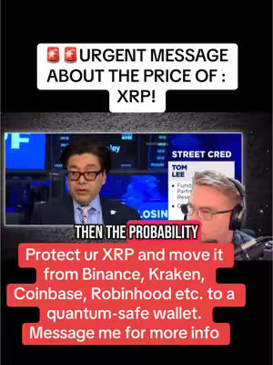 The cover image is a vertical video still, featuring two men in a news studio setting. A man in a suit and glasses is speaking. Next to him on the right is a man with a headset who is likely a media commentator. Text overlays provide an urgent message about the price of XRP.