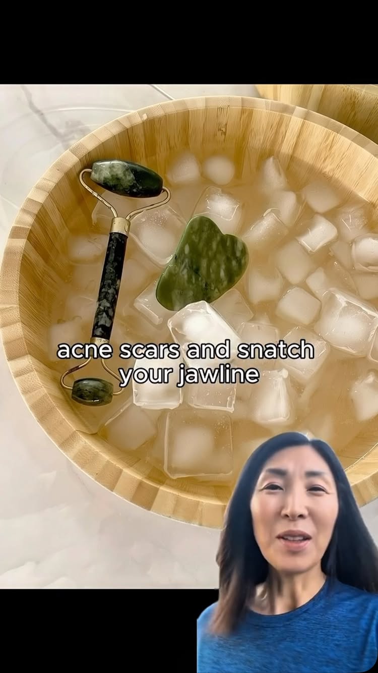 The cover image shows a woman in the foreground with a wooden bowl filled with ice cubes and a jade face roller and a heart-shaped jade gua sha tool.