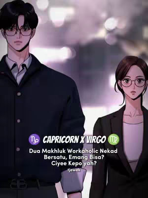 An illustration of two individuals, a man and a woman, in a cityscape. The man is on the left, wearing a dark blazer and glasses, and the woman is on the right, in a similar style. The background has blurred lights, creating a soft atmosphere. Overlay text includes astrological symbols for Capricorn and Virgo.