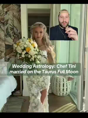 The cover image features a woman in a white wedding dress holding a bouquet of white and yellow flowers. She is inside a room with sunlight streaming in. In the top right corner, a man wearing a black shirt and a necklace is seen. He’s likely the one speaking in the video. A text overlay states 'Wedding Astrology: Chef Tini married on the Taurus Full Moon'.