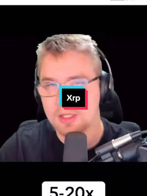 A man with glasses and a headset looks directly at the camera. A rectangle with the letters "Xrp" overlies his face. Below, a white box displays "5-20x". The background is solid black.