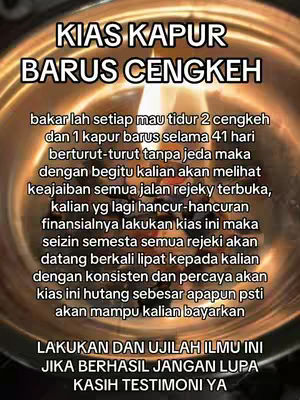 The image features text overlayed on a blurry, golden-toned background that appears to be a bowl with a light source. The text is arranged in a layered format, with the most prominent text at the top and body text below describing a spiritual practice, specifically using clove and kapur barus.