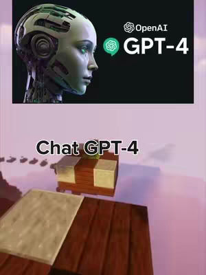 The cover image has a split-screen layout. The top section features a stylized AI head in a profile view, overlaid on a black background that includes the OpenAI and GPT-4 logos. The lower section showcases a Minecraft-like scene with a wooden table holding a treasure chest, all set against a pink-hued landscape.