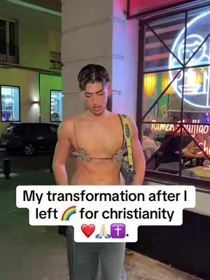 The cover image shows a young man standing in front of a restaurant, wearing a sheer top with decorative elements. The background includes a street scene with a car and a sign in a foreign language. A text overlay at the bottom reads "My transformation after I left" followed by a rainbow and the words "for christianity" with various emojis.