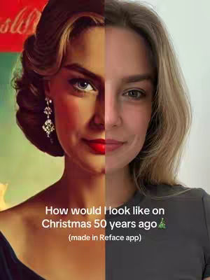A split image showing a woman's face on the right and a vintage-style photo of a woman on the left, creating a before-and-after effect with text overlay indicating AI generation and holiday theme.