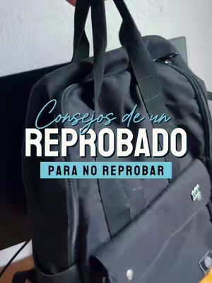 A black backpack is held up, with hook text overlayed over it. The background behind the backpack is a light-toned wall and a dark surface.
