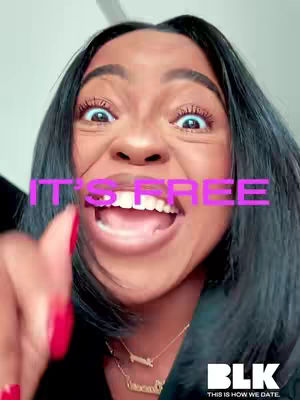 A selfie-style shot with a Black woman making a surprised and excited facial expression, her eyes wide and mouth open. The overlaid text 'IT'S FREE' is prominent, and the BLK dating app logo is at the bottom.